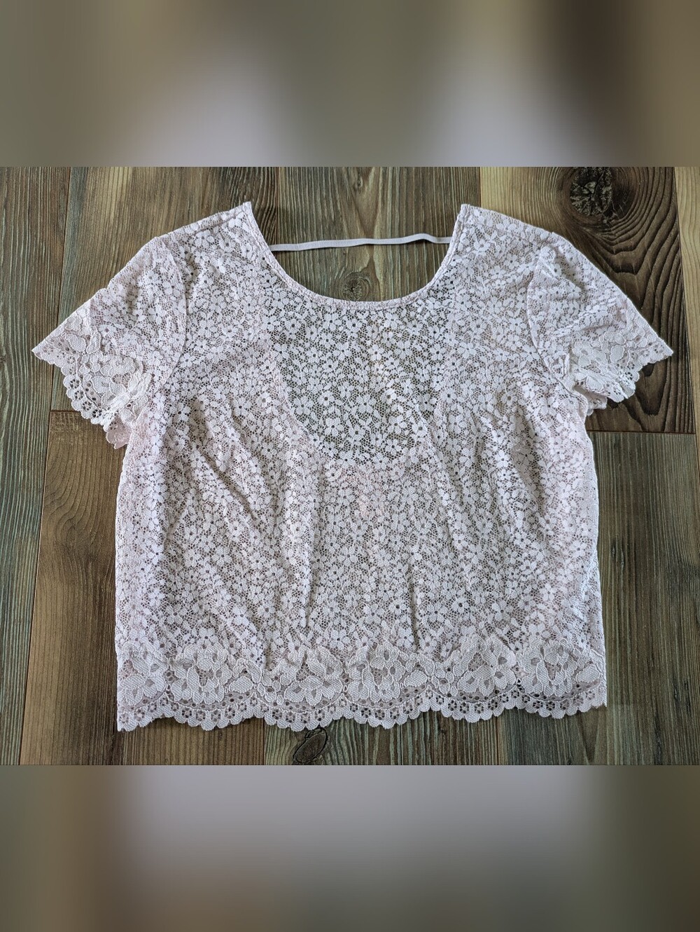 Victoria's Secret Light Pink Floral Lace Short Sleeve Sheer‎ Open Back Top XS